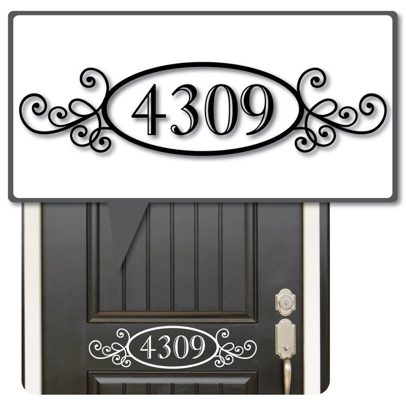 May include: Black and white house number sticker with a decorative scroll design. The sticker features the number 4309 in a white oval with a black outline. The sticker is shown on a white background and on a gray door.