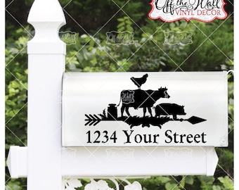 Includes 2 Farmhouse Styled Weathervane Rooster, Cow and Pig Vinyl Mailbox Lettering Decoration Decal Sticker X2 For Each Side