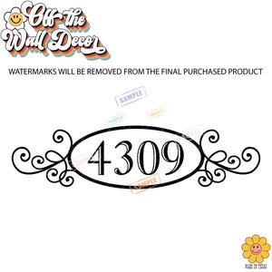 May include: Black and white house number sign with a decorative scroll design. The number 4309 is displayed in a black oval.