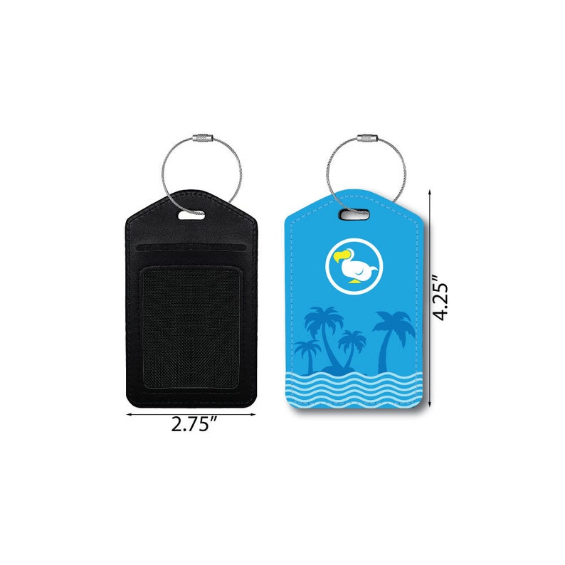Puede incluir: Una etiqueta de equipaje azul con un dodo blanco y palmeras sobre un fondo azul. La etiqueta mide 10,8 cm de alto y 7 cm de ancho.