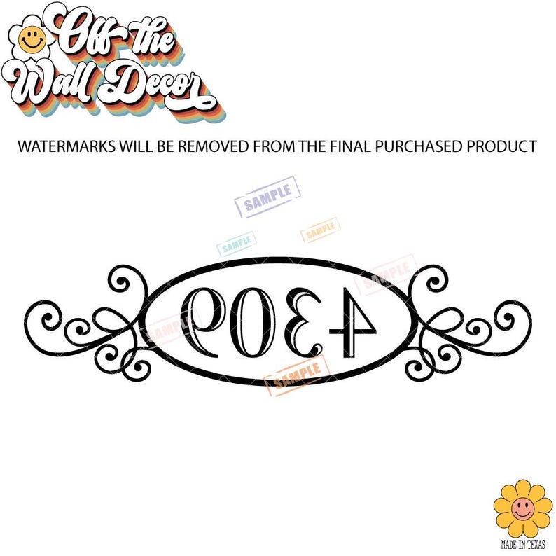 May include: Black and white house number sign with a decorative scroll design. The number 9034 is displayed in a black oval.