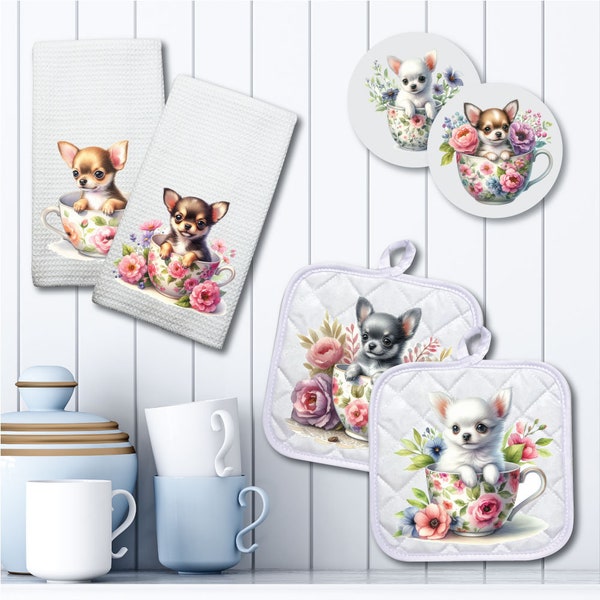 Adorable Farmhouse Styled Vintage Look 3pc Set | Chihuahua Pup Cups | 9 Designs