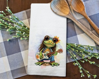 Country Farmhouse Styled Vintage Look Kitchen Towel Waffle Weave | Hippe Frogs | 4 Designs