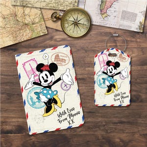 Passport Holder/Cover & Luggage Tags | Travel Set | Minnie Vintage Postcard