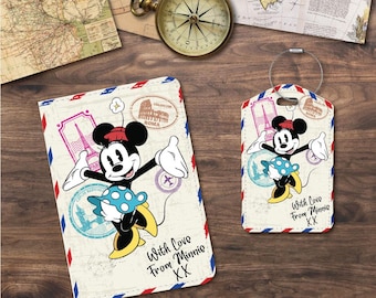 Passport Holder/Cover & Luggage Tags | Travel Set | Minnie Vintage Postcard