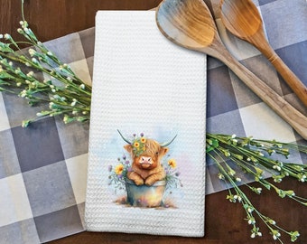 Adorable Farmhouse Styled Vintage Look Kitchen Towel Waffle Weave | Highland Cows | Cow | 5 Designs