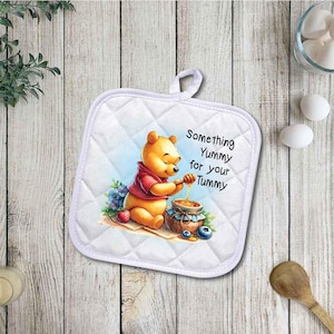 Farmhouse Styled Vintage Look Kitchen Linens | Pooh "Something Yummy Quote"