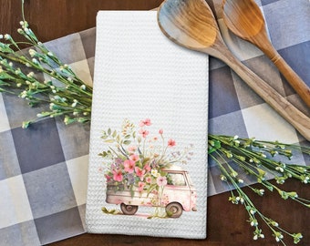 Farm Country Vintage Look Kitchen Towel Waffle Weave | Vintage Floral Truck
