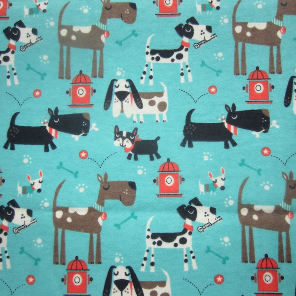 Flannel Fabric, dogs, fire hydrants and dog bones, brown and black dogs on a turquoise ish blue background, pet fabric, 1.25 yards