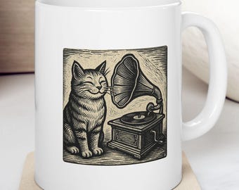 Retro Cat & Phonograph Mug | Vintage Woodblock Coffee Cup
