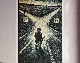 Robert Johnson Crossroads Poster | Guitarist at Highway 61 & 49 | Delta Blues Art