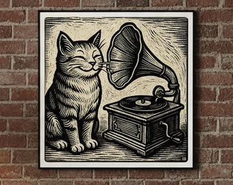Retro Cat & Phonograph Poster | Vintage Woodblock Style Illustration (Unframed)