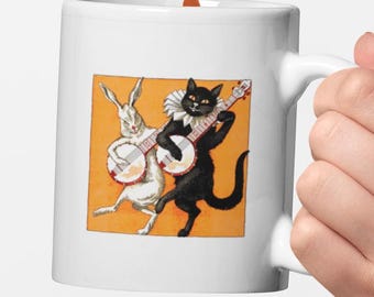 Vintage Cat & Rabbit Banjo Mug | Retro Animal Music Coffee Cup