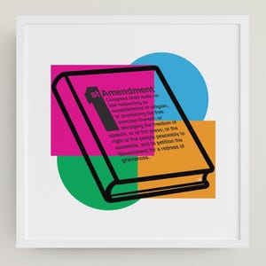 May include: A framed print featuring a stylized book illustration with the text "8th Amendment" on the cover. The book is set against a backdrop of pink, orange, green, and blue geometric shapes. The print is displayed in a modern office setting.