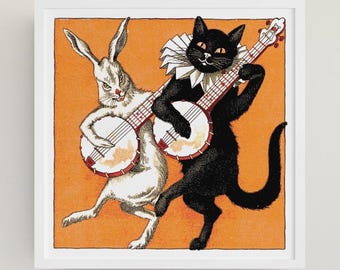Póster vintage de banjo de gato y conejo / Ilustración musical retro de animales (sin marco)