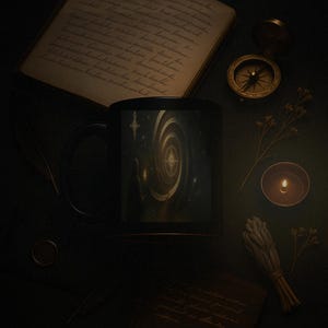The Spiral Oracle | 15oz Black Ceramic Mug | Surreal Gothic Ritual Art | Mythic Object by Luminos Design Studios