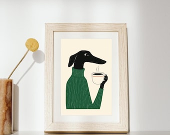 Greyhound Coffee Art Print: Green Sweater Dog Coffee Poster Coffee print coffee art