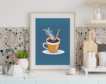 Coffee Art Print  Swimmer Diving into Coffee Cup  Minimalist Wall Art  Fun Kitchen Decor Barista Gift Digital Download