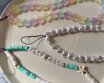 Beaded Phone Strap – Pastel Stars, Hearts, Clay Beads, Y2K Style Accessory