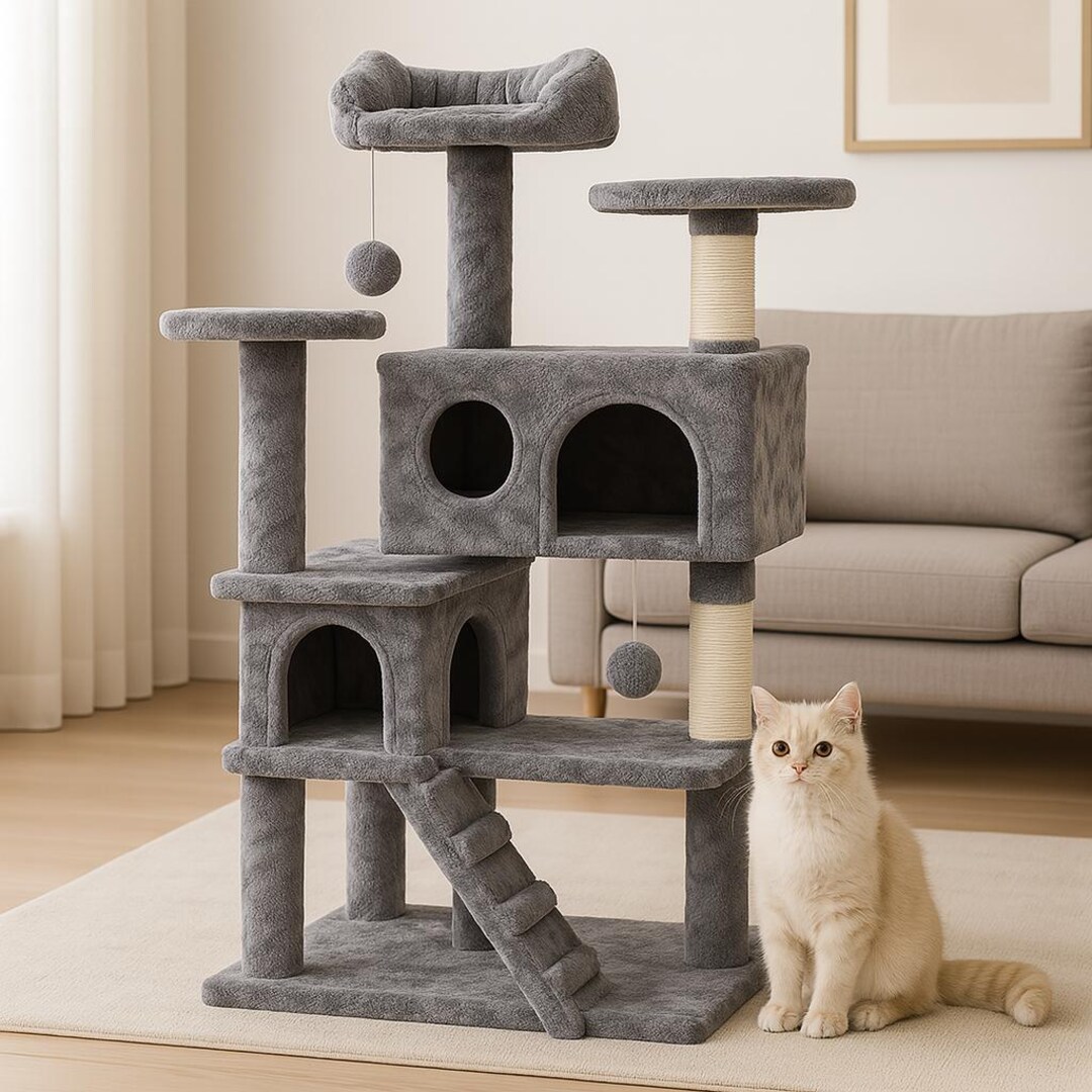 Multi-level Cat Tree Tower With Scratching Posts Hammock – Modern Gray ...
