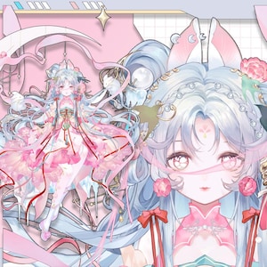 May include: An illustration of a character with long, flowing, light blue hair and pink eyes. The character is wearing a pink and white dress with floral accents. The background is a soft pink with decorative elements, including ribbons and stars. The overall aesthetic is delicate and whimsical.
