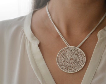 Circles sterling silver long pendant - Crochet long necklace - Handmade filigree crocheted solid silver pendant