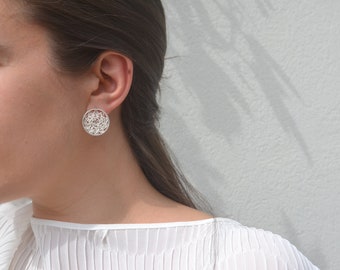 Sterling silver crochet stud earrings - Midsize post earrings -  Crochet filigree solid silver earrings