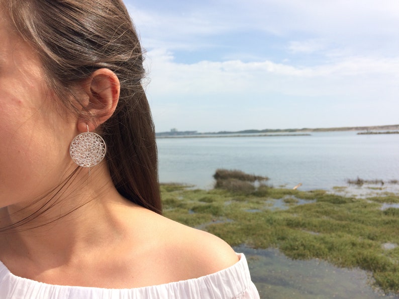 Circles long crochet dangle earrings Sterling silver crochet long earrings Long filigree handmade earrings sterling silver