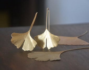 Ginkgo sterling silver long earrings • Solid silver leaves earrings • Handmade contemporay nature earrings
