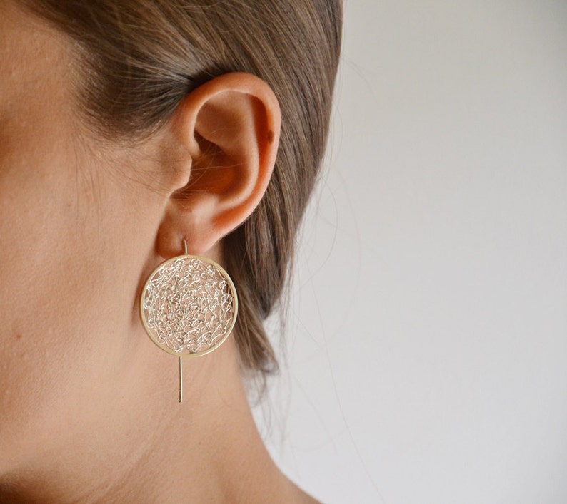 Circles long crochet dangle earrings Sterling silver crochet long earrings Long filigree handmade earrings image 2