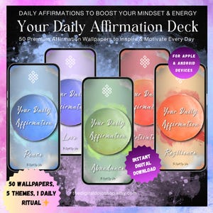 50 Positive Affirmation Phone Wallpapers | Digital Lock Screen Bundle | Motivational Quotes for iPhone, Android & Apple Watch | Self Care