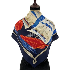 Vintage Ailemagrace Silk Scarf Ship Scarves Accessories Neckwear Ailemagrace Shawl Square Scarf Wrap Top Foulards Vintage Scarf Classic Wear