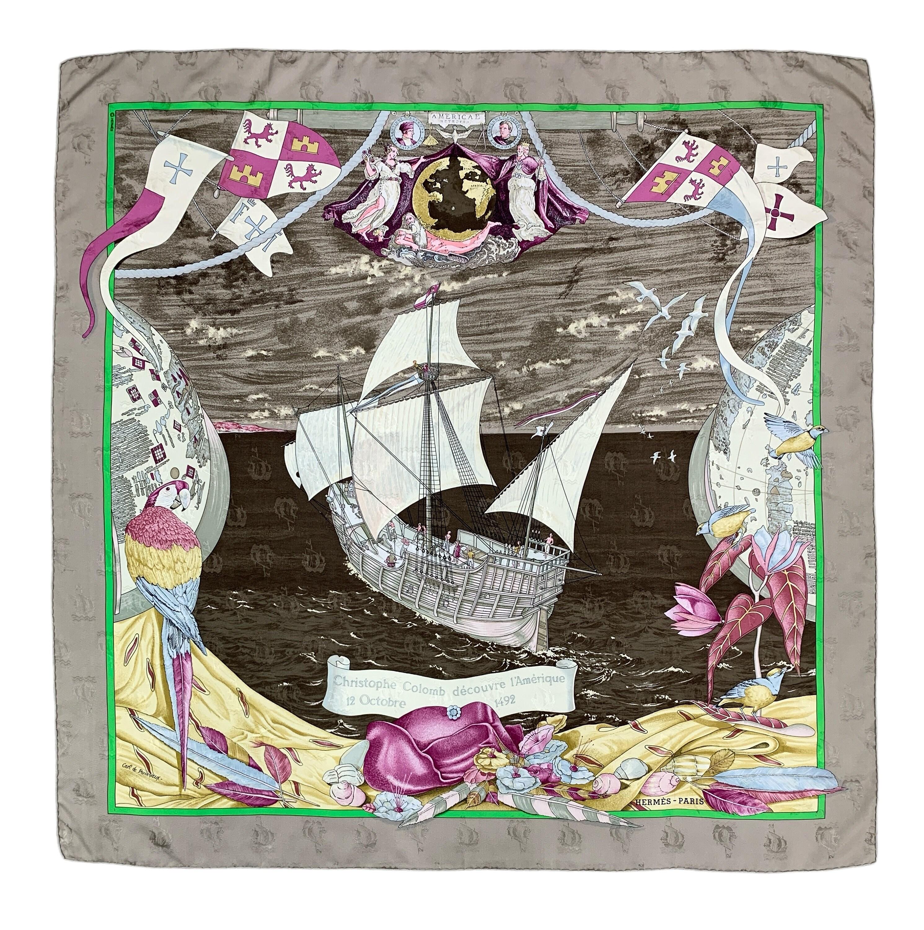 Vintage Hermes Silk Scarf, Christophe Colomb Design, Neckwear Wrap