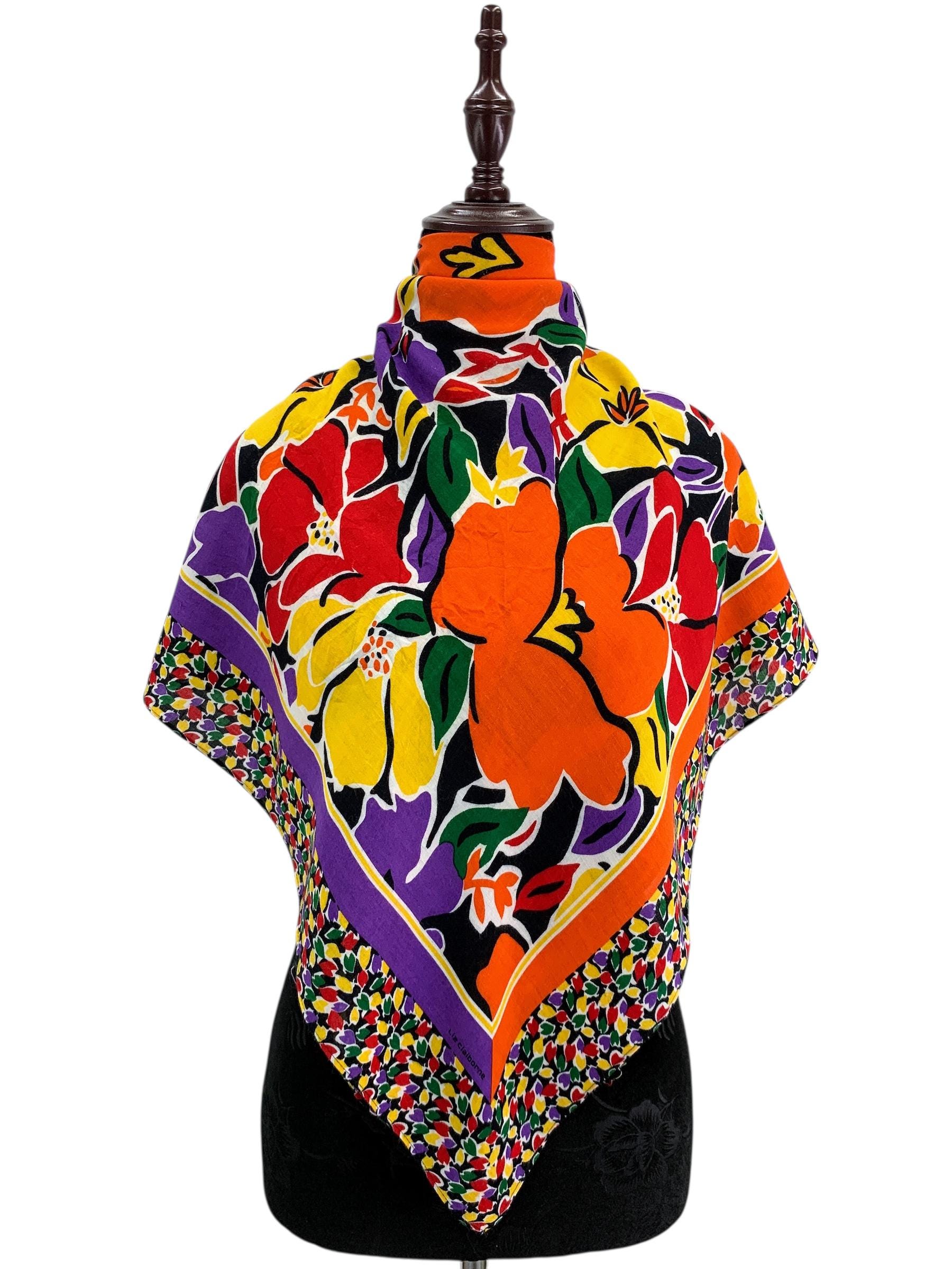 Foulard Carré Vintage Liz Claiborne 100% Soie - Japon - Motif Géométrique - Très Bon état