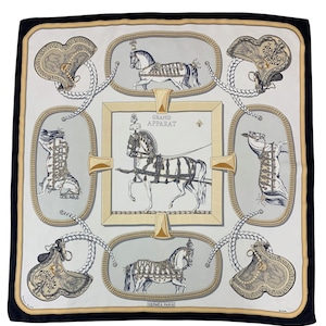 Pañuelo de seda vintage de Hermes: Grand Apparat de Jacques Eudel, pañuelo clásico con forma de caballo.