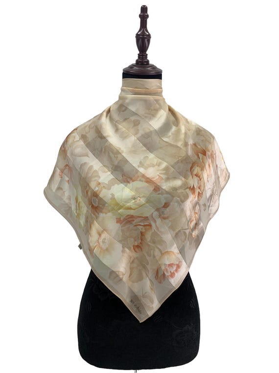 Vintage Jun Ashida Silk Scarf, Earth Tone Brown Beige Floral