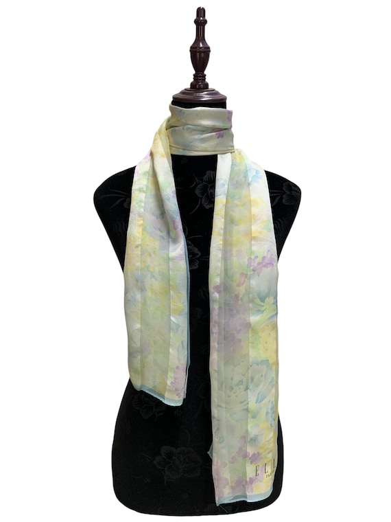 ELLE Paris Vintage Silk Scarf, Watercolor Floral Stripe Motif Silk Wrap, Retro French Chiffon Muffler, Romantic Cottagecore Scarf Gift