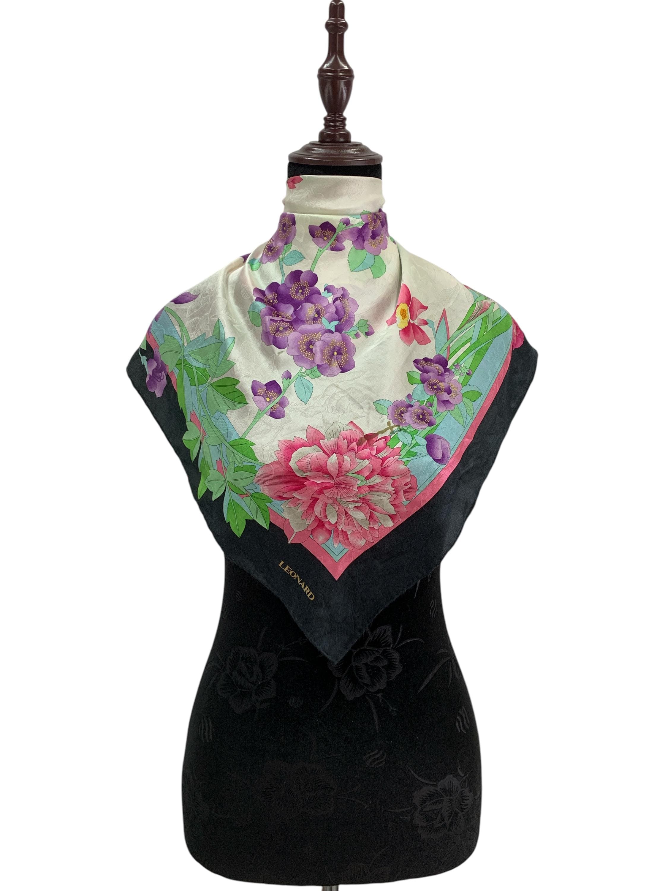 Vintage Leonard Silk Scarf Neckerchief Flower Scarf Neckwear Silk
