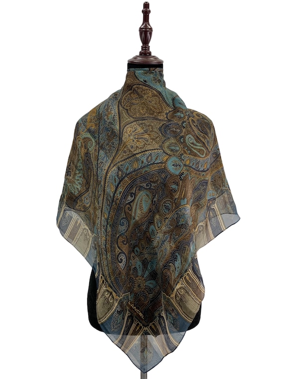 Vintage Lancel Silk Scarf, Blue Brown Paisley Square Scarf, Ornate Vintage Lancel Silk Scarf, Blue Brown Paisley Square Scarf, Ornate