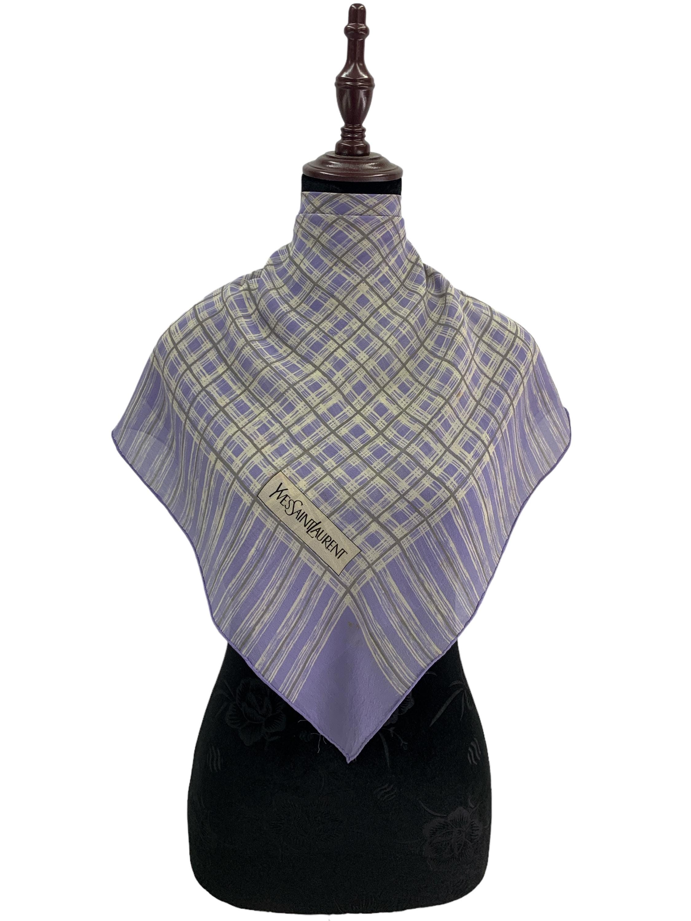 YSL Yves Saint Laurent black Blue Handkerchief Plaid Logo Cotton Scarf 18\