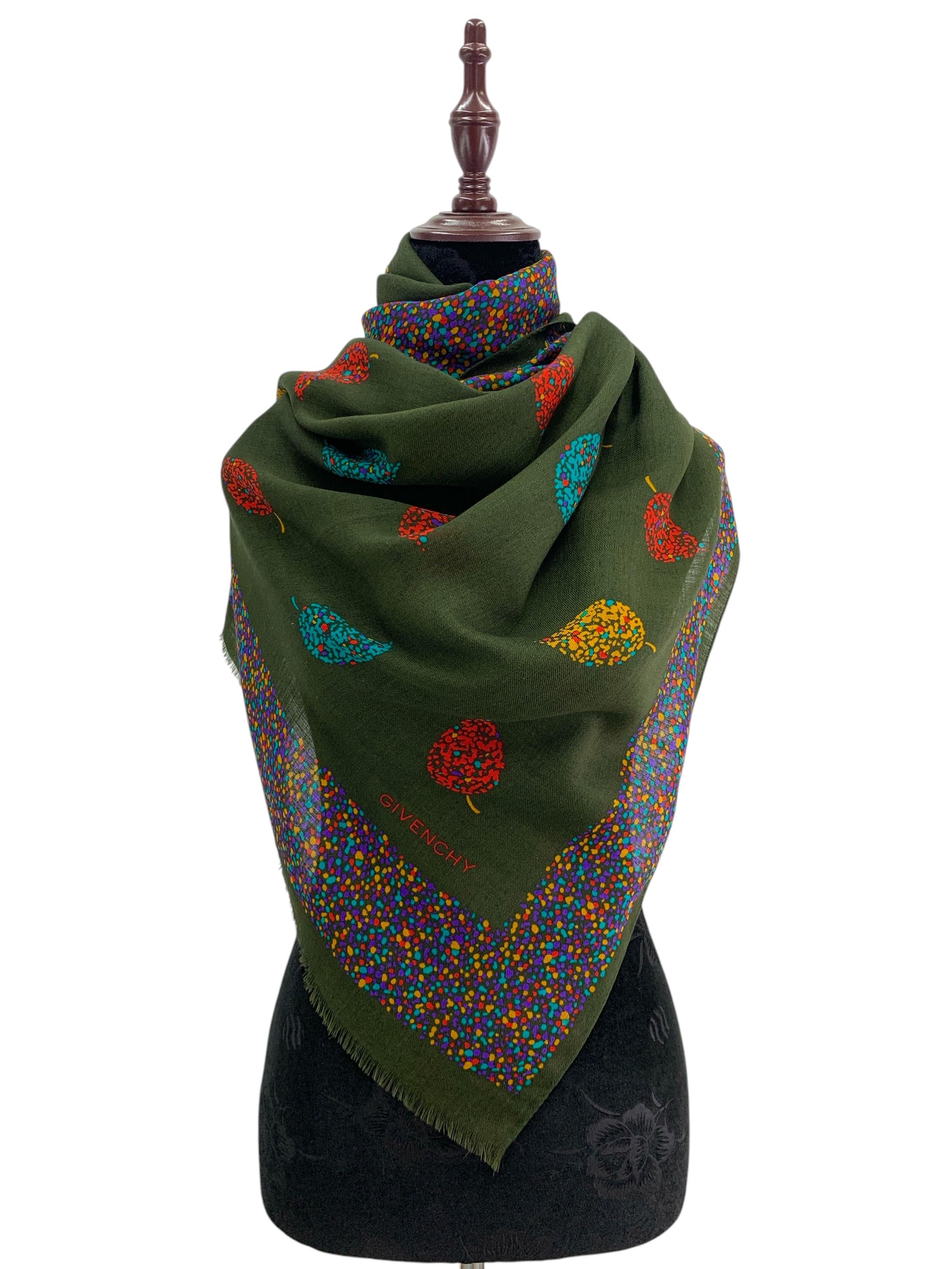 Lenço de lã vintage Givenchy, lenços de folhas clássicos, lenços