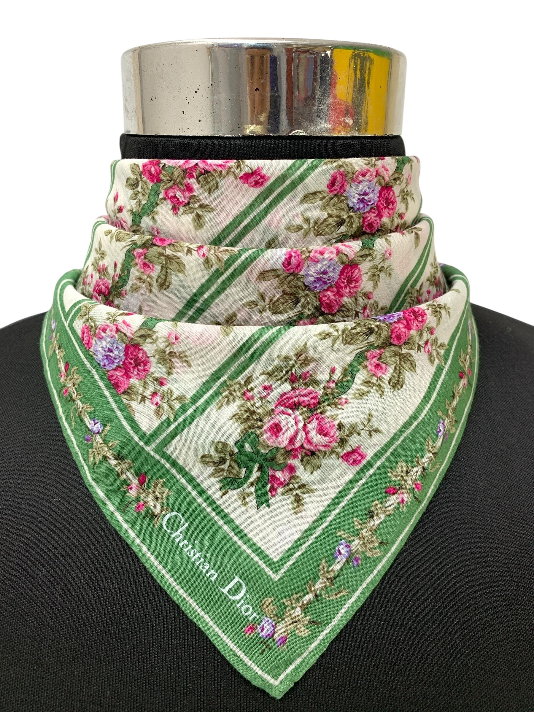 Vintage Christian Dior Neckerchief Flowers Scarf Neckwear Green
