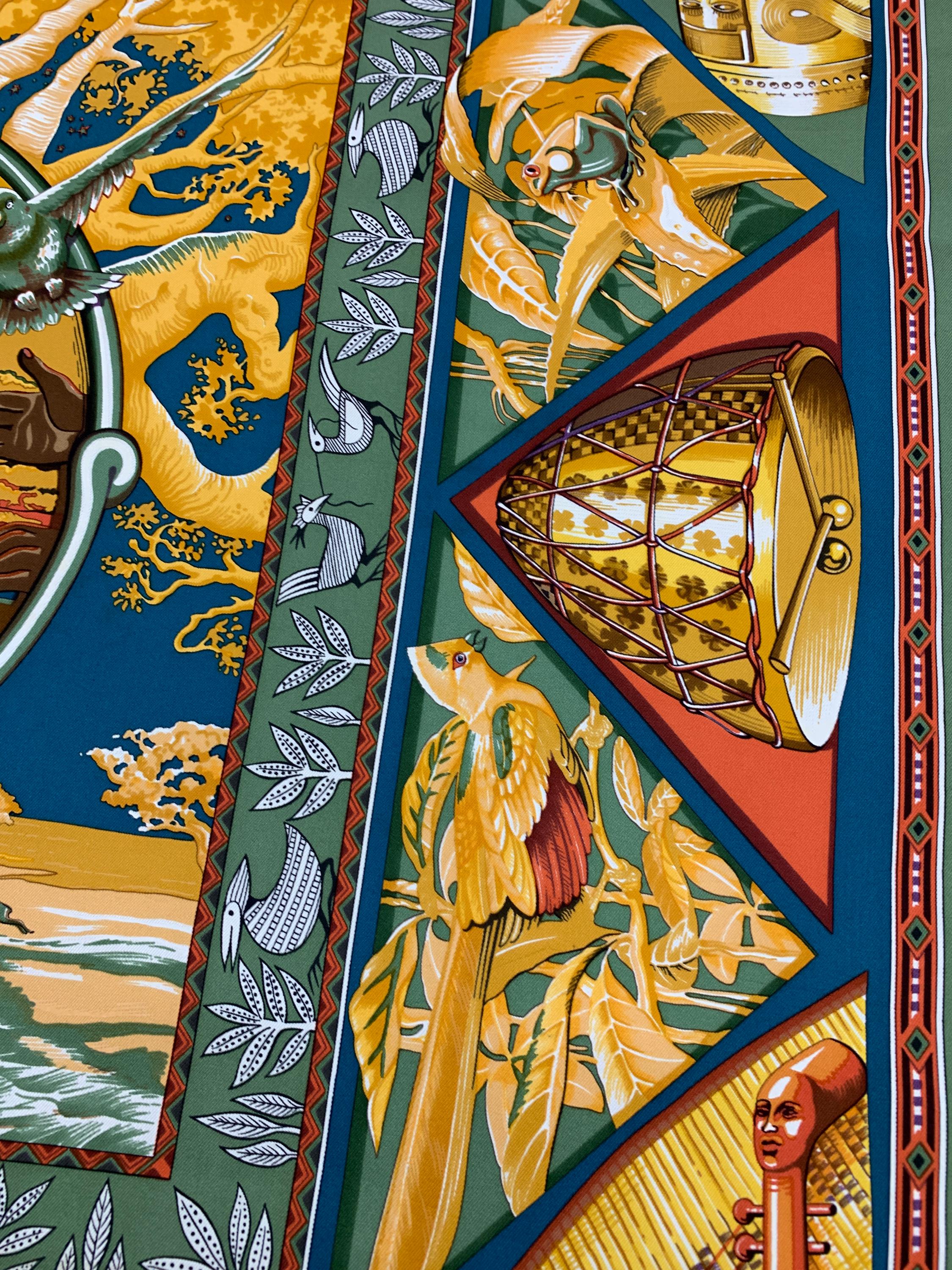 Vintage Hermes Silk Scarf: Au Son Du Tam Tam, 1997 Bourthoumieux