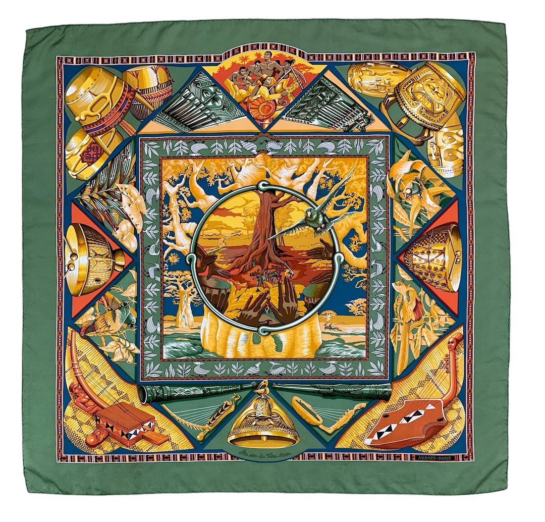 Vintage Hermes Silk Scarf: Au Son Du Tam Tam, 1997 Bourthoumieux