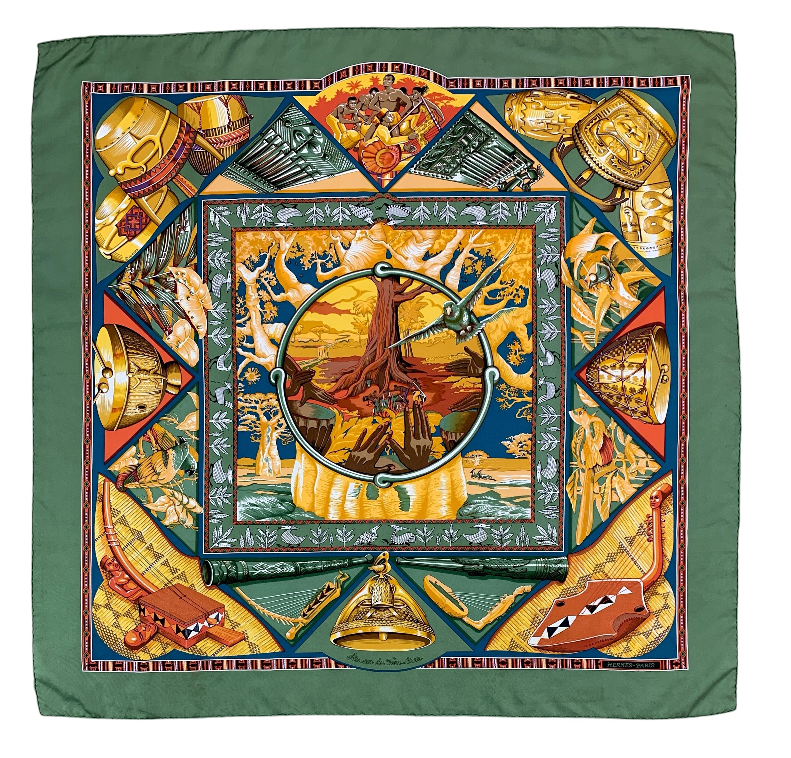Vintage Hermes Silk Scarf: Au Son Du Tam Tam, 1997 Bourthoumieux