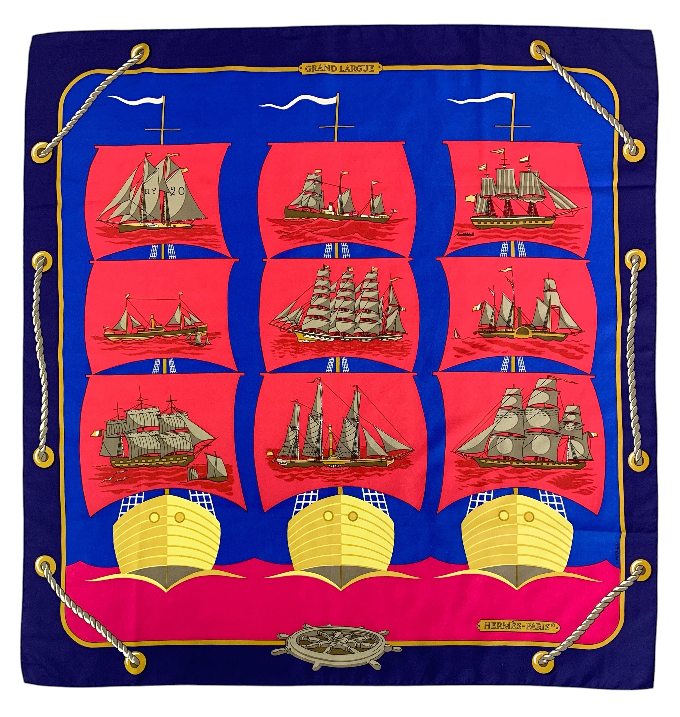 Vintage Hermes Silk Scarf Grand Largue by Pierre Peron 90s Hermes