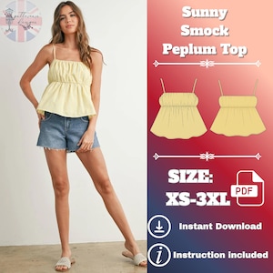 Sunny Smock Peplum Top Sewing Pattern | Summer Blouse PDF | Beginner-Friendly Ruffle Top | Shirred Peplum Blouse XS–XXXL