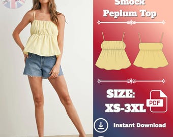 Naaipatroon zonnige gesmokte peplumtop: beginnersvriendelijke zomerblouse (pdf-patroon XS–XXXL)