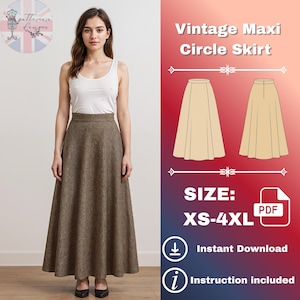 May include: A woman wearing a brown and black patterned maxi circle skirt with a white tank top. The image includes a diagram of the skirt and text that reads "Vintage Maxi Circle Skirt", "SIZE: XS-4XL", "Instant Download", and "Instruction included."