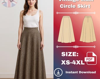 Naaipatroon vintage maxi-cirkelrok: A-lijn met hoge taille (pdf-patroon XS–4XL)